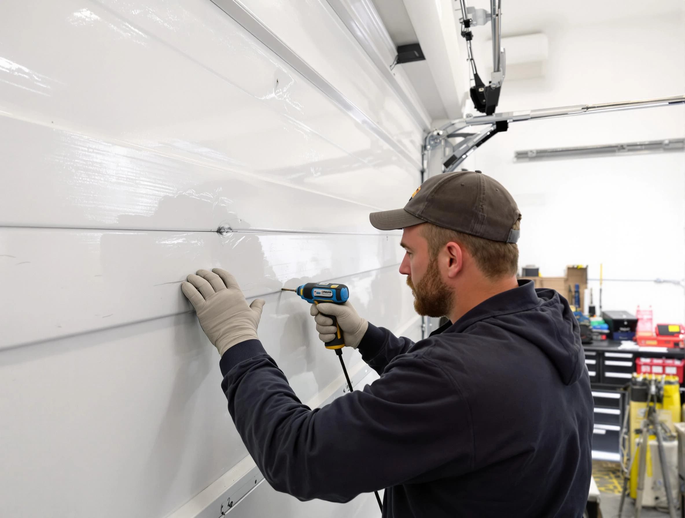 Shaw Heights Garage Door Repair technician demonstrating precision dent removal techniques on a Shaw Heights garage door