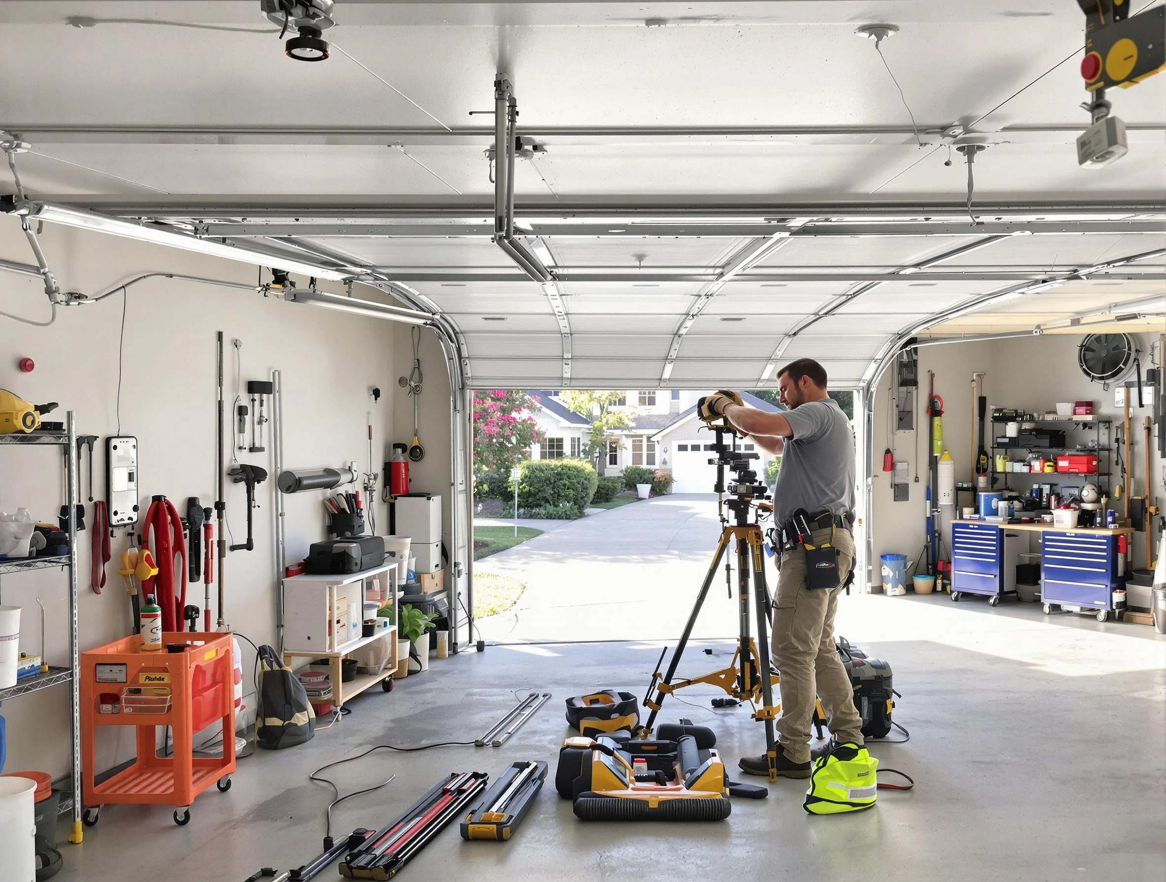 Shaw Heights Garage Door Repair specialist performing laser-guided track alignment in Shaw Heights